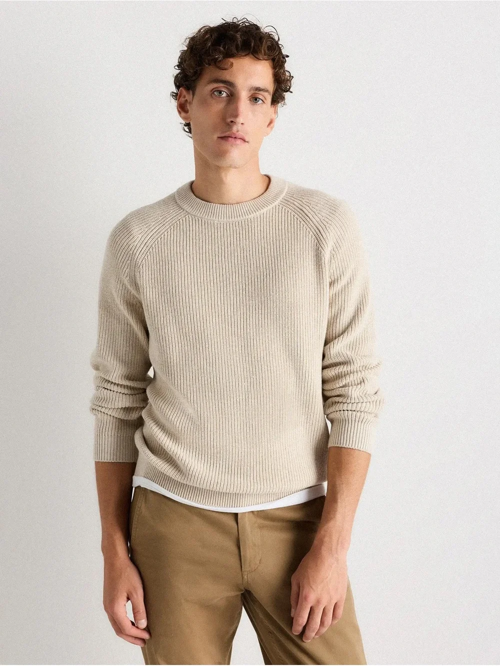 $60 msrp Quince Men's organic cotton Crewneck Knit Sweater speckled beige small